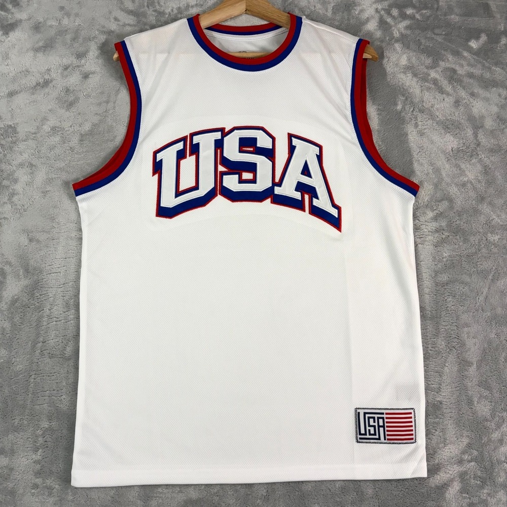 USA Jersey Shirt Sleeveless Buck Up Muscle Embroidered Mens Medium White NWOT
